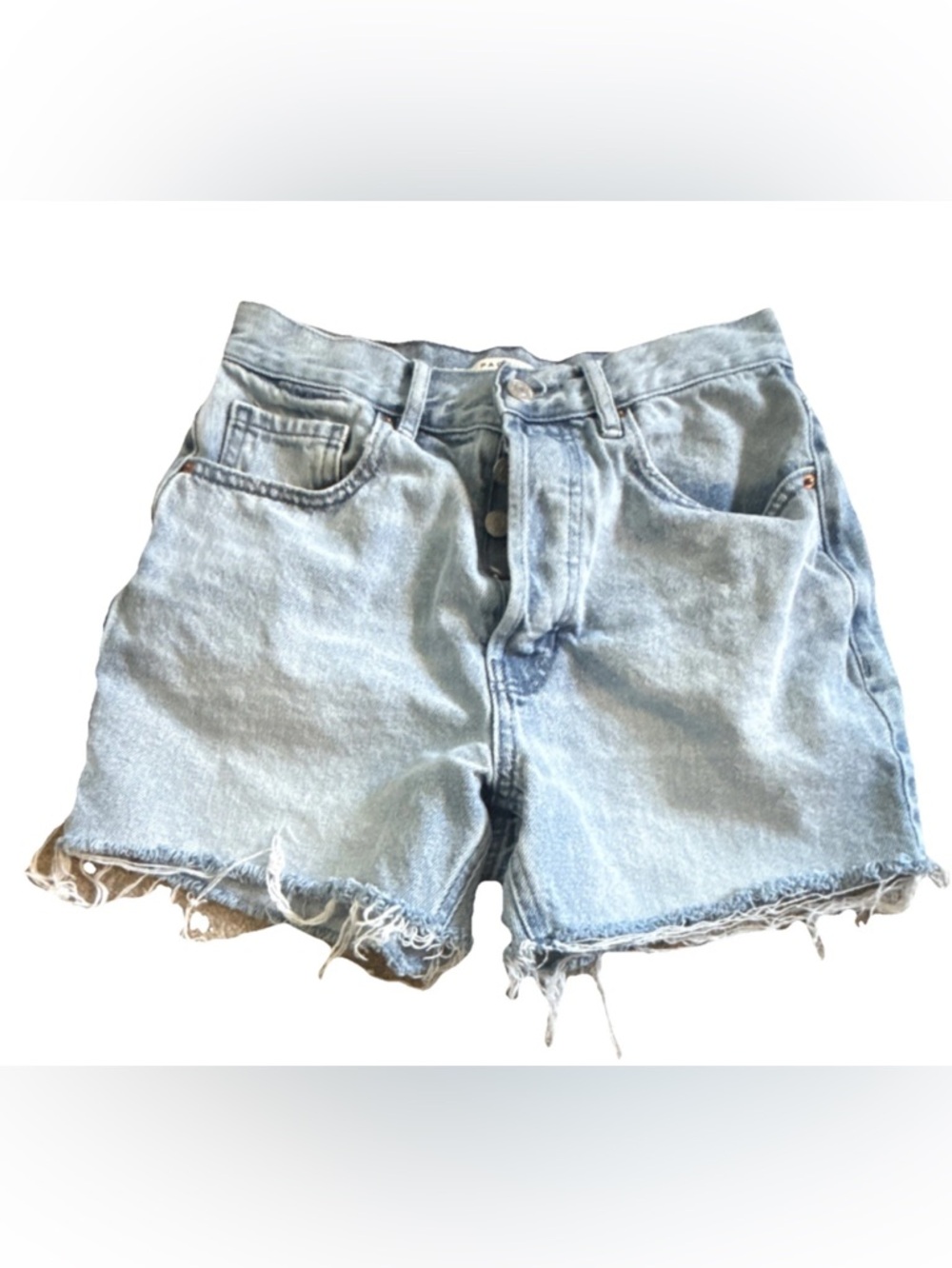 PacSun 90's Girlfriend Cut Off Denim Shorts Light Blue Fringe Button Pockets- 26